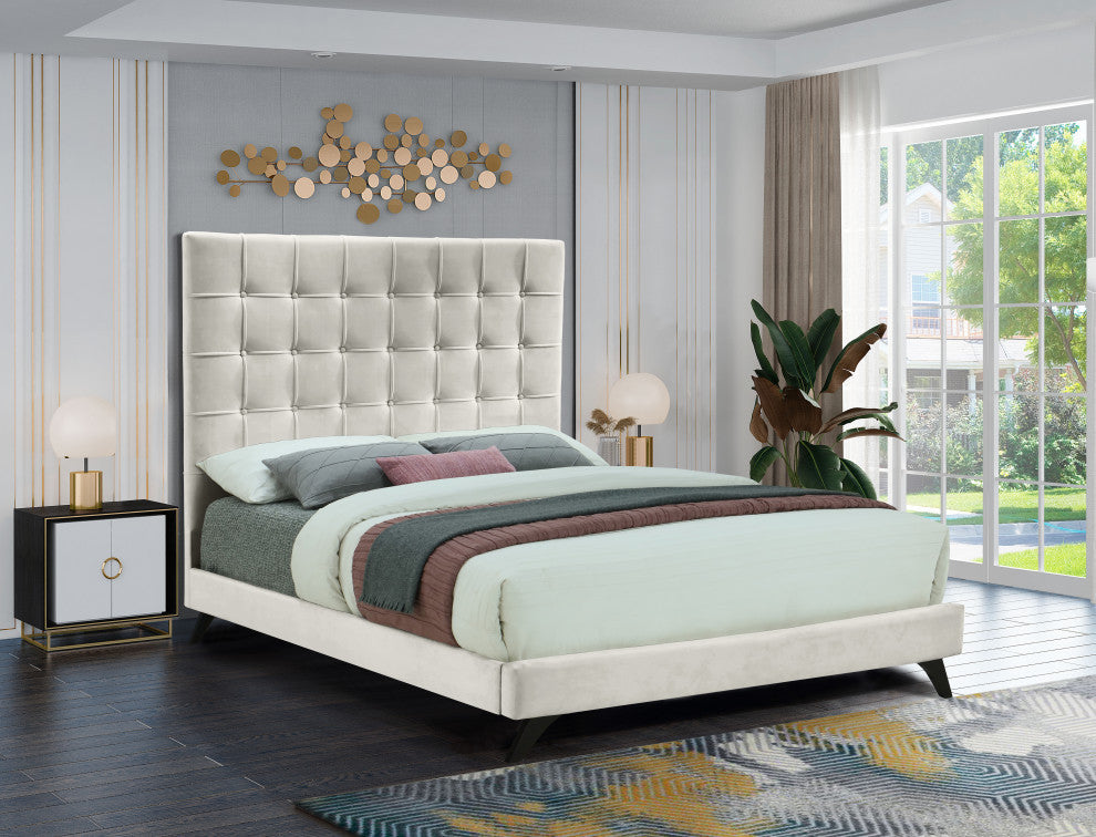 Elly Velvet Upholstered Bed, Cream, King
