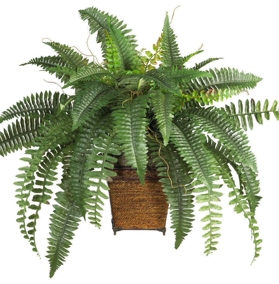 Boston Fern With Wicker Basket Silk Plant