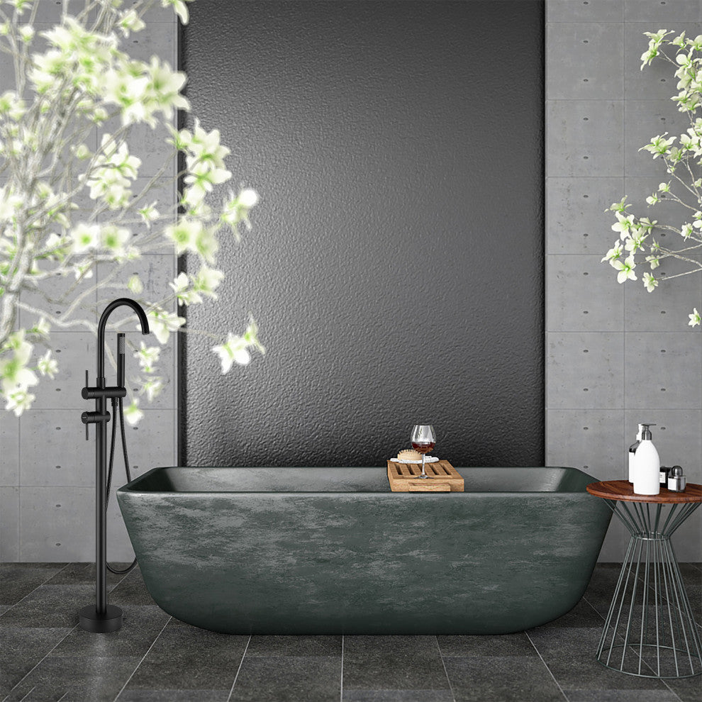 Wellfor Freestanding Bath Faucet, Swivel Spout and Handheld Shower, 2 Handles, Matte Black