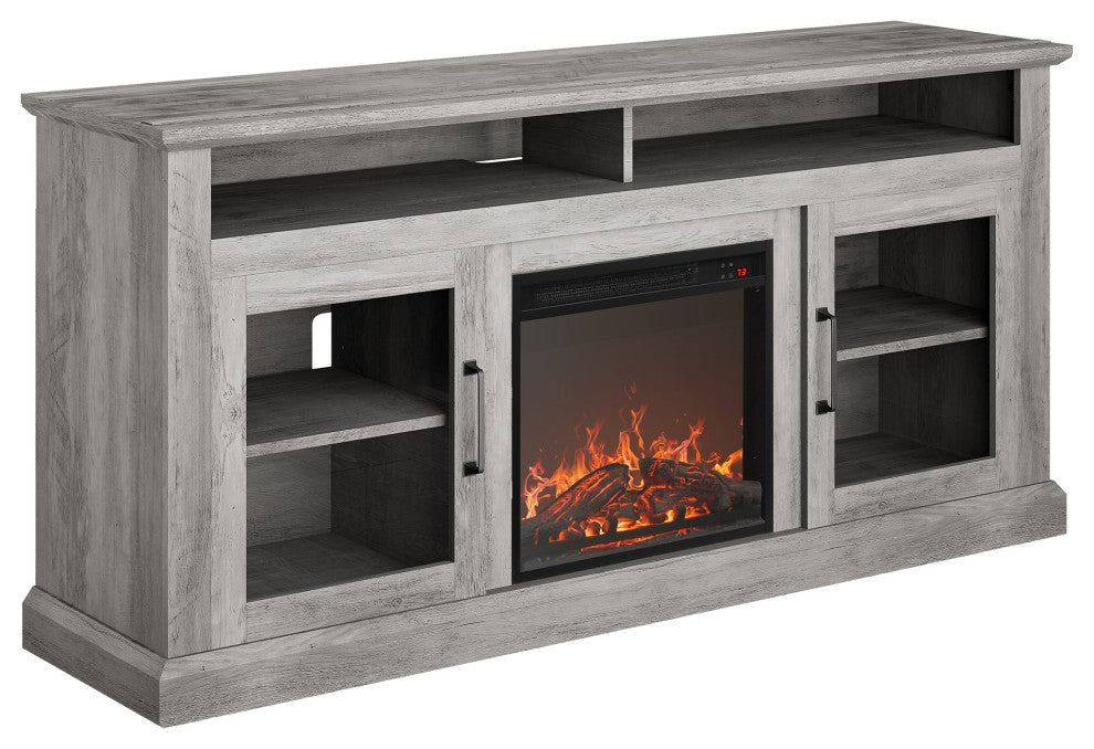 60" TV Stand Console With Shelves and 18" Fireplace, Grey Wash