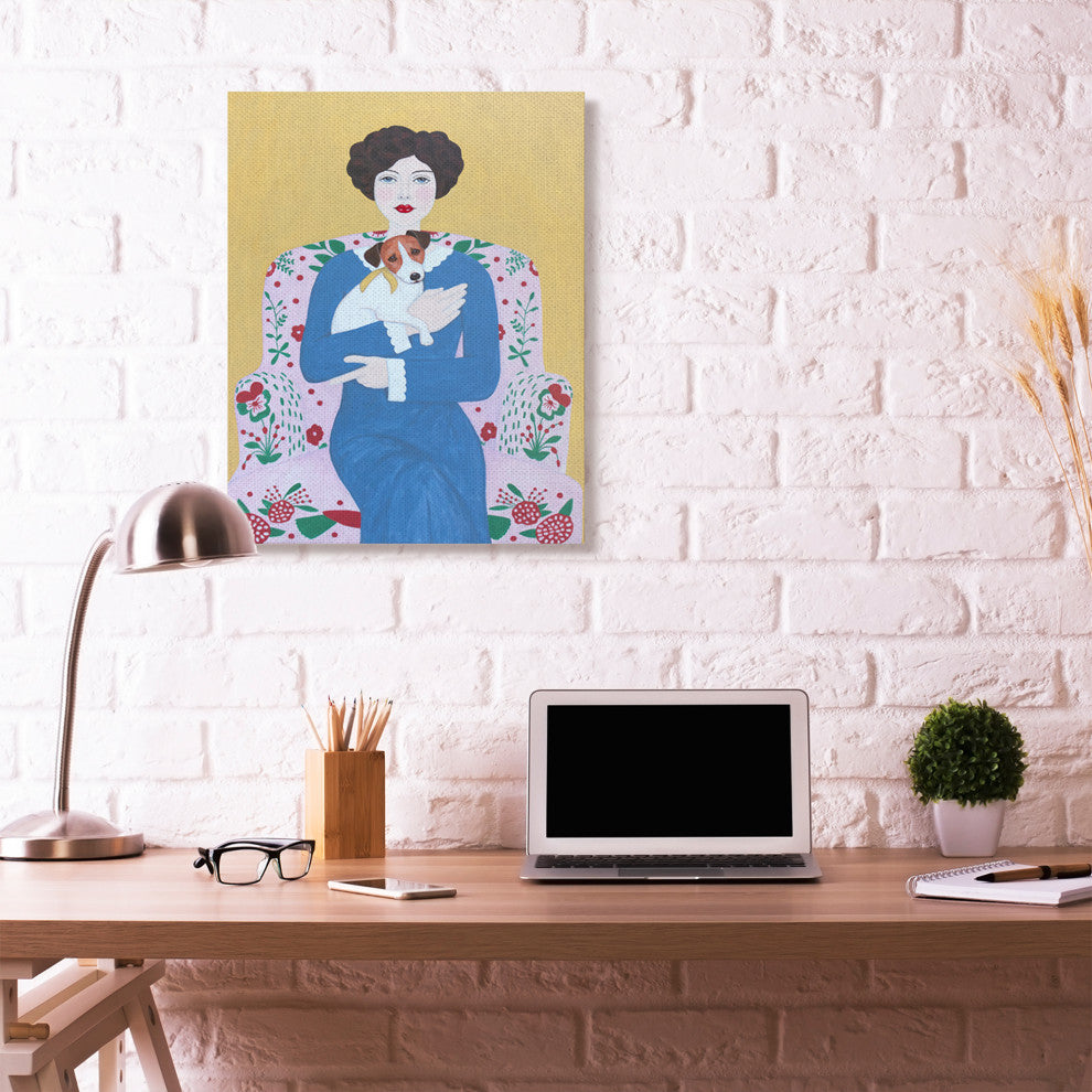 Woman And Dog On Armchair Yellow Blue Animal Painting, 30"x40"