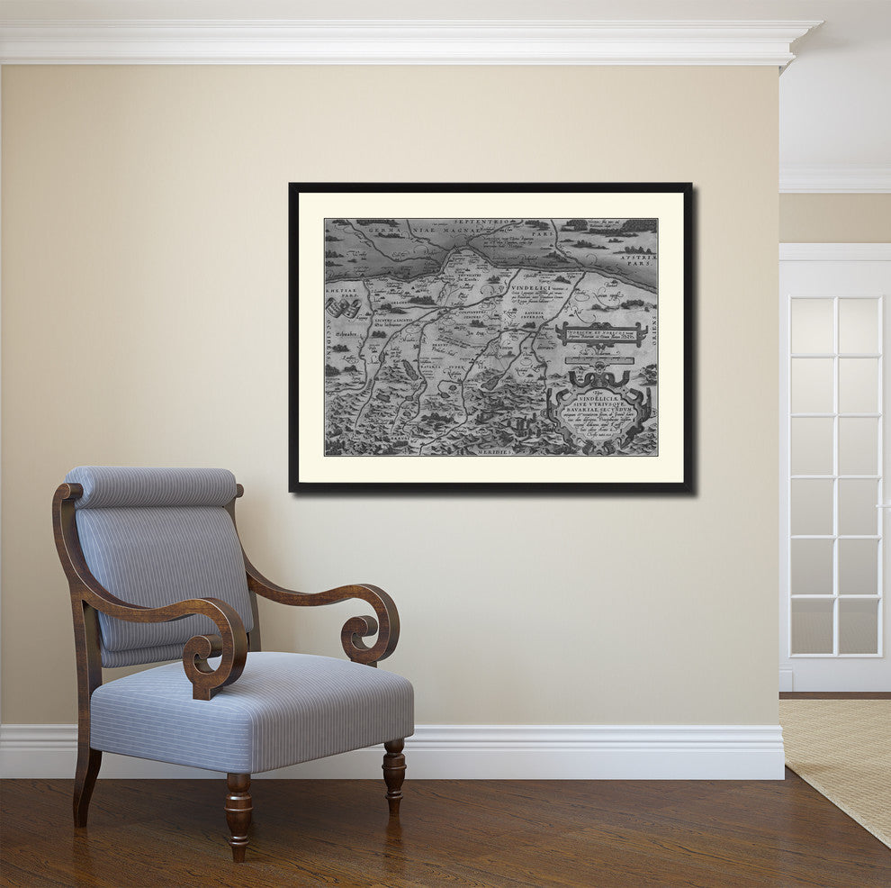 Germany, Bavaria Vintage Map Print On Canvas With Black Custom Frame, 16" X 21"