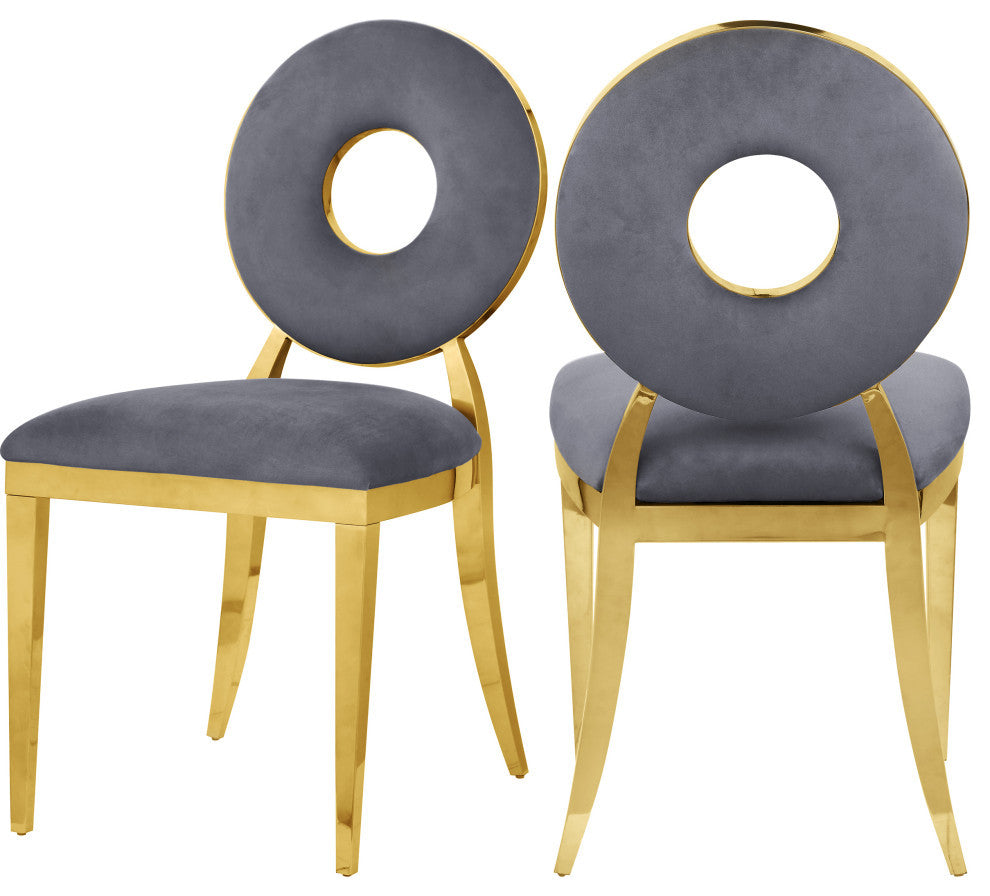 Carousel Upholstered Dining Chair, Set of 2, Gray Velvet, Gold Finish