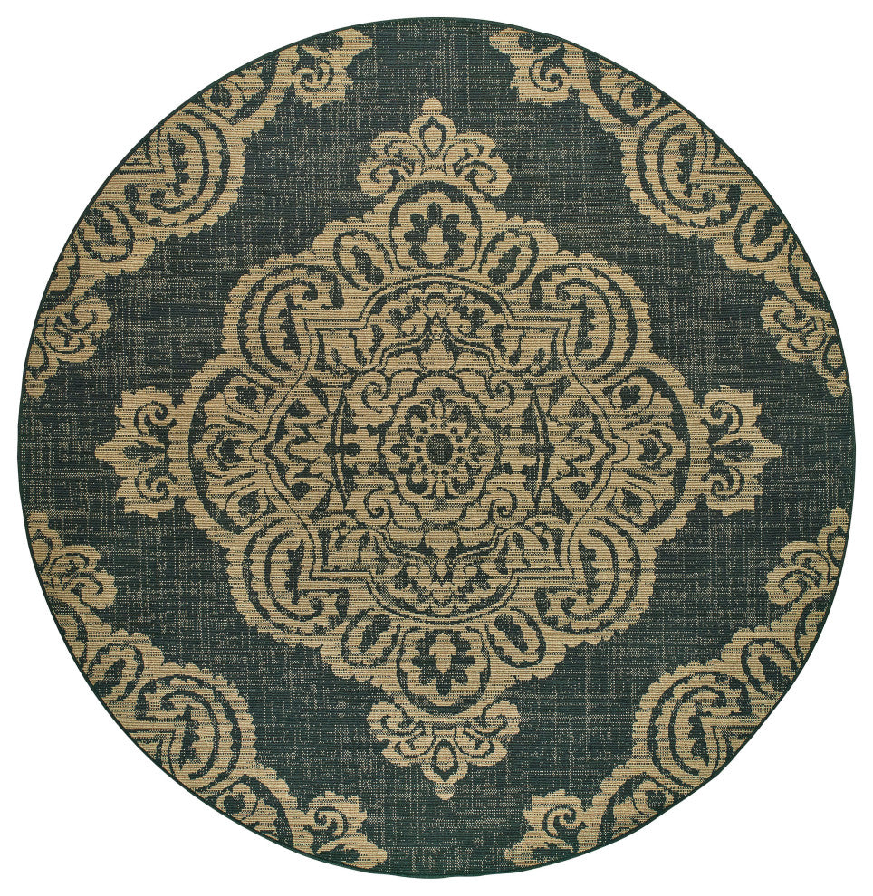 Martinique Overscale Medallion Black/ Tan Indoor/Outdoor Area Rug, 7'10"x7'10"