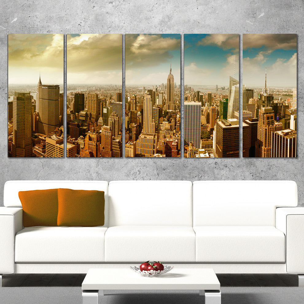 Midtown and Downtown Manhattan, Modern Cityscape Canvas Print, 60"x28", 5 Panels