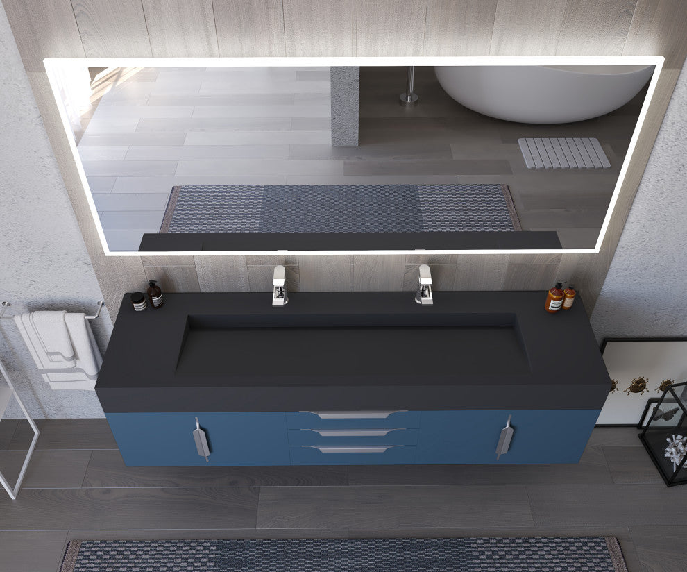 CastelloUSA Nile 72" Wall Mounted Bathroom Vanity Set, Blue, Black Top, Brushed Nickel
