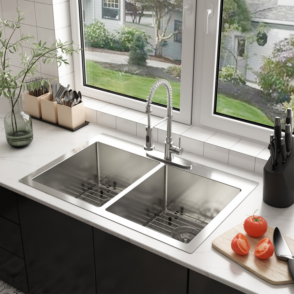 Stainless Steel Topmount Double Bowl Kitchen Sink with Accessories