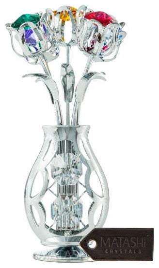 Matashi Chrome Plated Flowers Bouquet and Vase With Colorful Crystals Home Decor