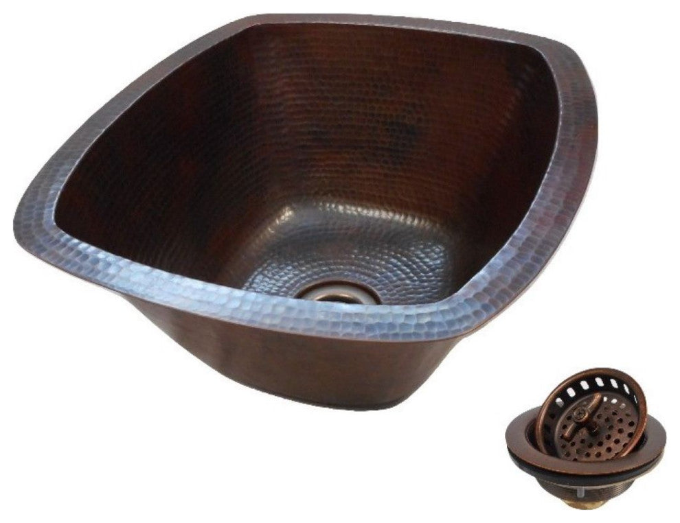 16" Rustic Farmhouse Copper Kitchen Bar Prep Sink with a 3.5"  Strainer Drain