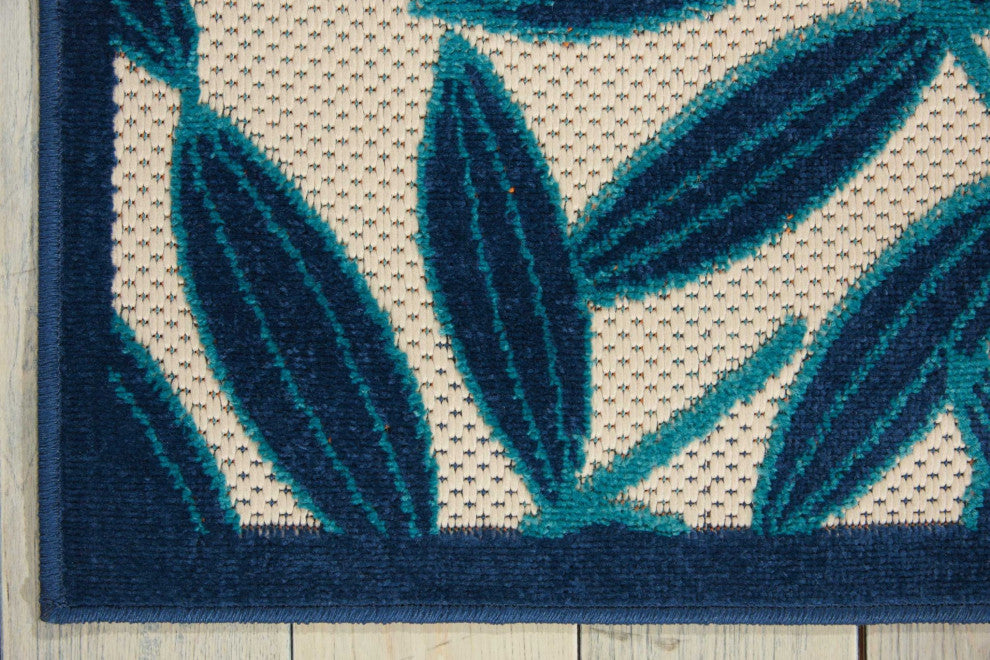 8 x 11 Navy and Beige Leaves Indoor Outdoor Area Rug