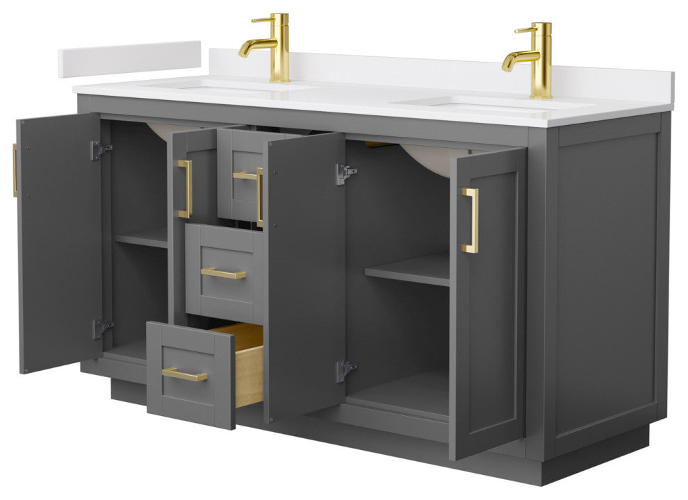 60"DBL Bath Vanity Dark Gray, White Cult.Marble Countertop, Sinks, Gold Trim