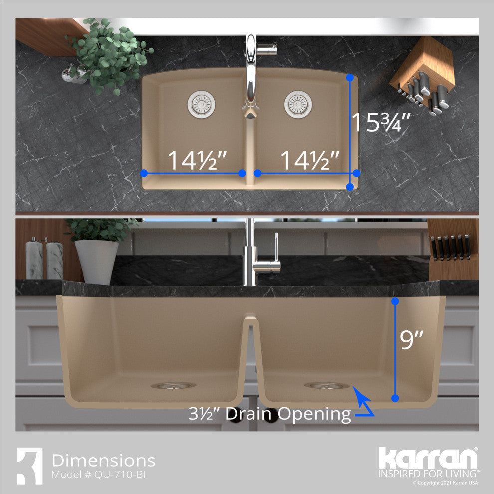 Karran Undermount Quartz 32" 50/50 Double Bowl Kitchen Sink Kit, Bisque