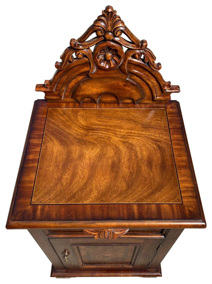 Victorian Nightstand Carved Mahogany, Burl Inlay Wood, 1-Door 1-Drawer