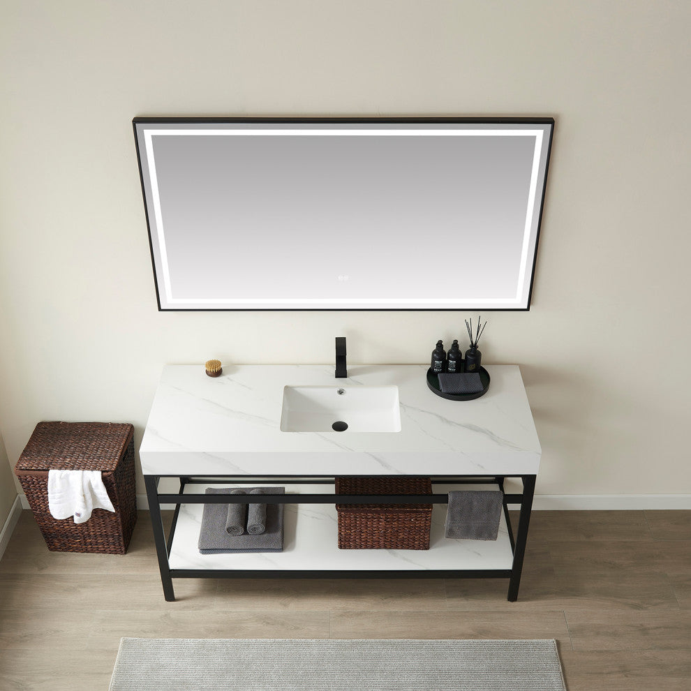 Funes Bath Vanity with Mirror, Matte Black Support, 60'' Single Sink, White Stone Top