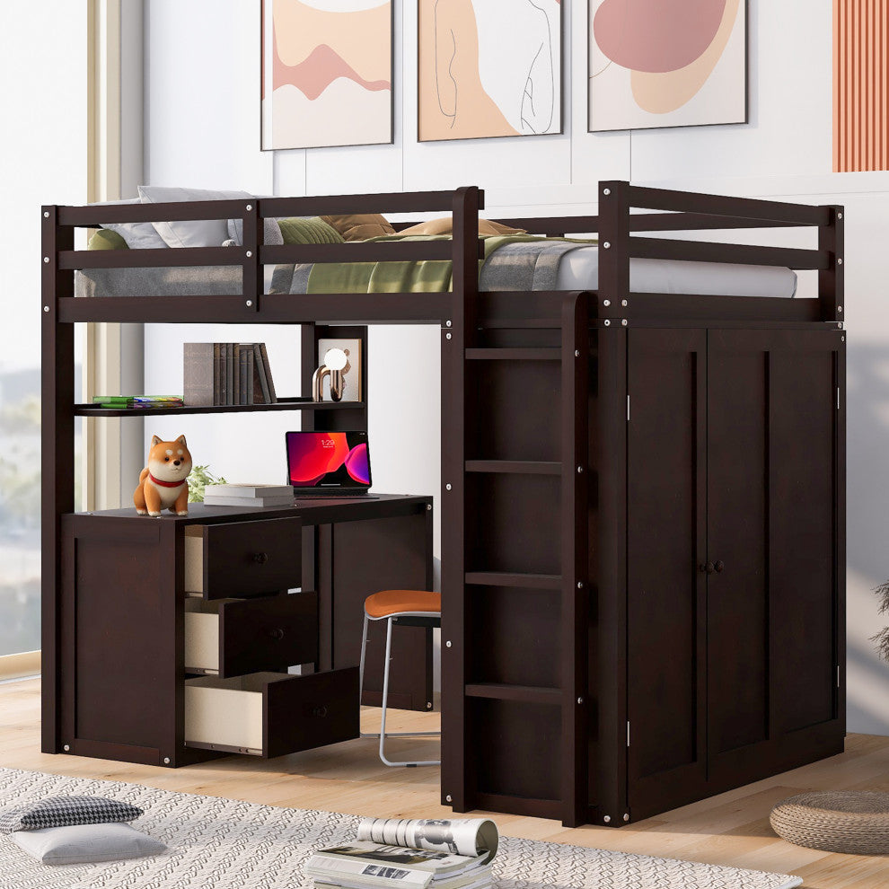 Gewnee Full size Wood Loft Bed with Drawers,Desk and Wardrobe in Espresso