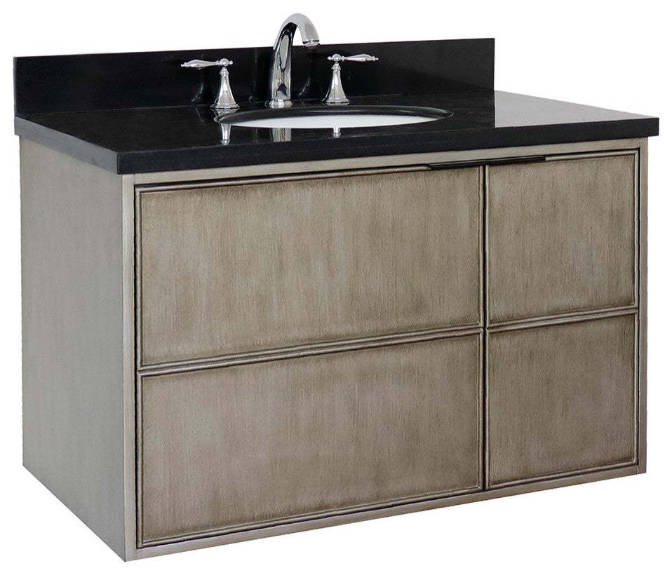 37" Single Wall Mount Vanity, Linen Brown Finish With Black Galaxy Top