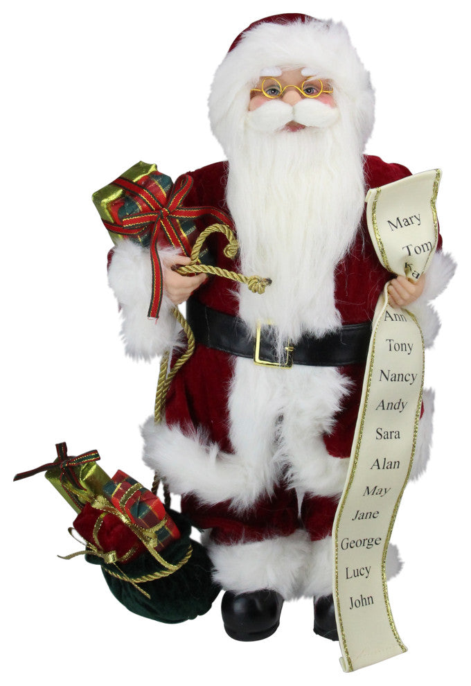 16" Standing Traditional Santa Holding a List of Names and Gift Bag