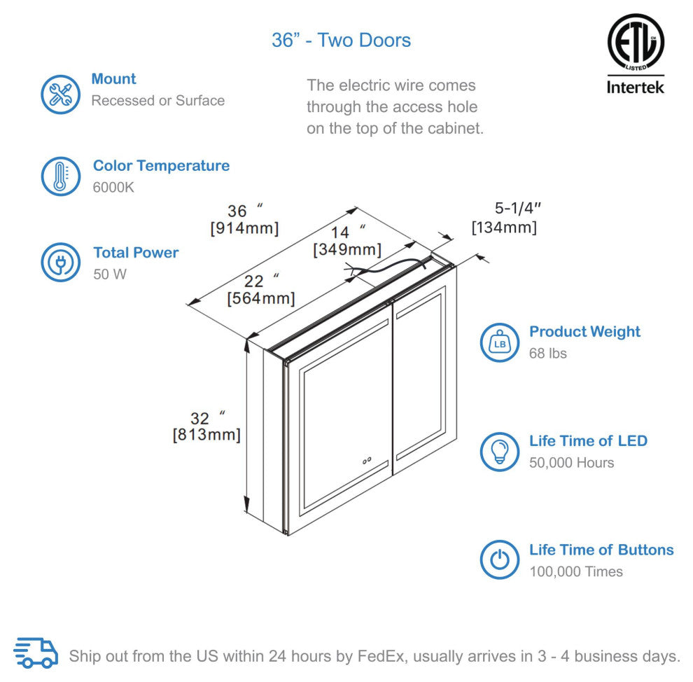 LED Medicine Cabinet With Defogger, 36x32