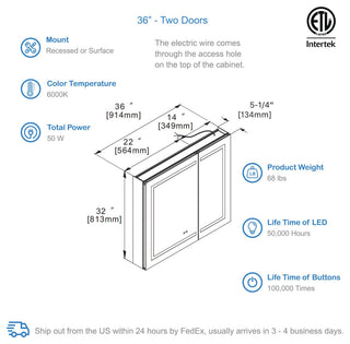 LED Medicine Cabinet With Defogger, 36x32