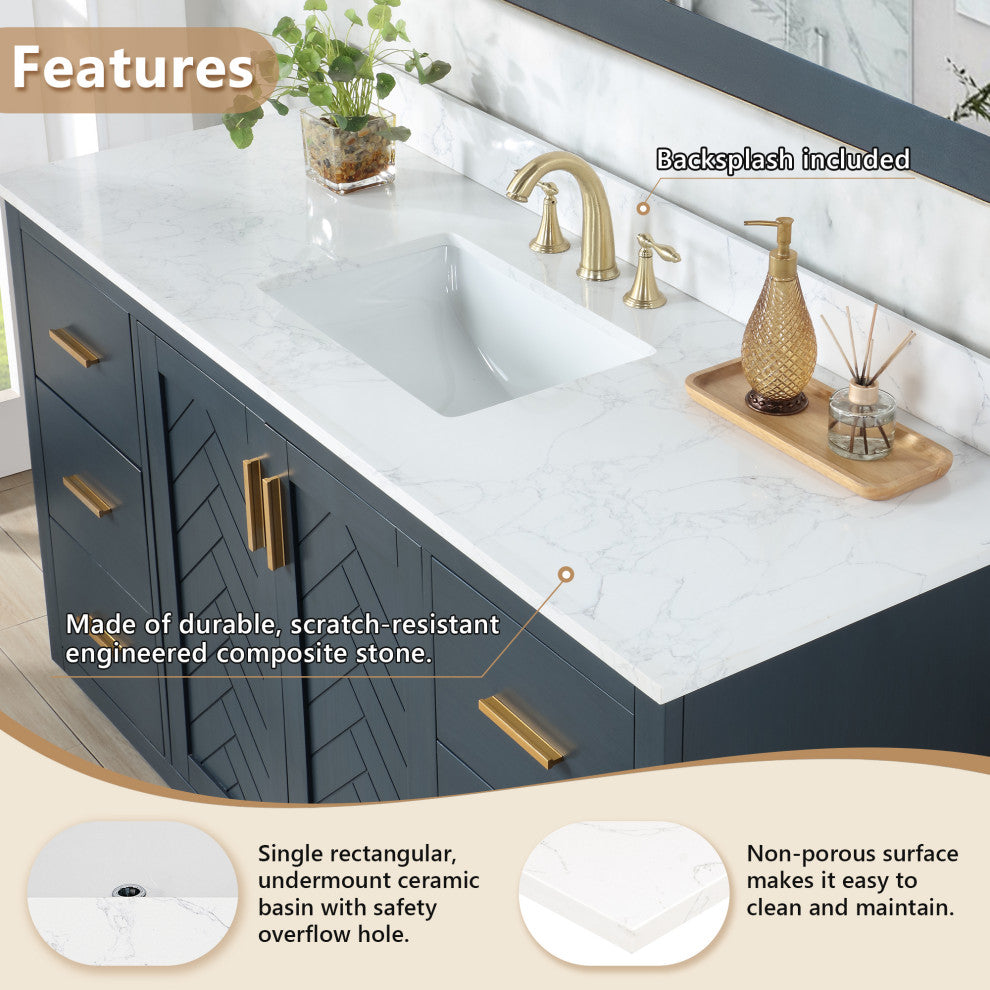 Engineered Stone Vanity Top in Grain White, 61", Single Sink