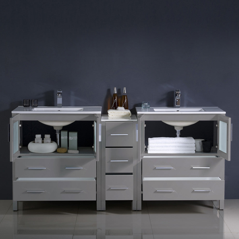 Torino Double Sink Bathroom Cabinets With Integrated Sinks, Gray, 72"