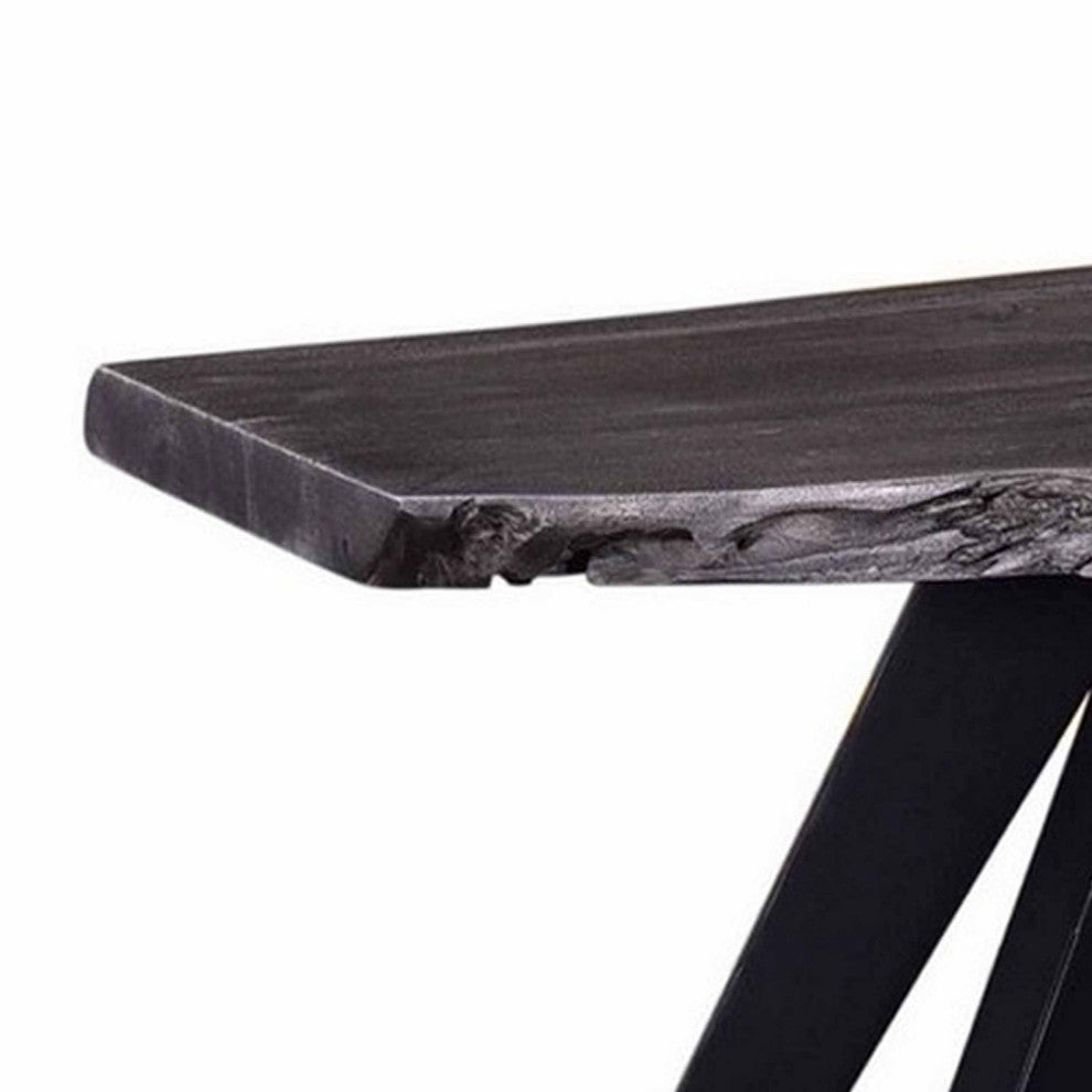 Benzara BM286418 Dining Bench, Acacia Wood, Live Edge, Gray, Black