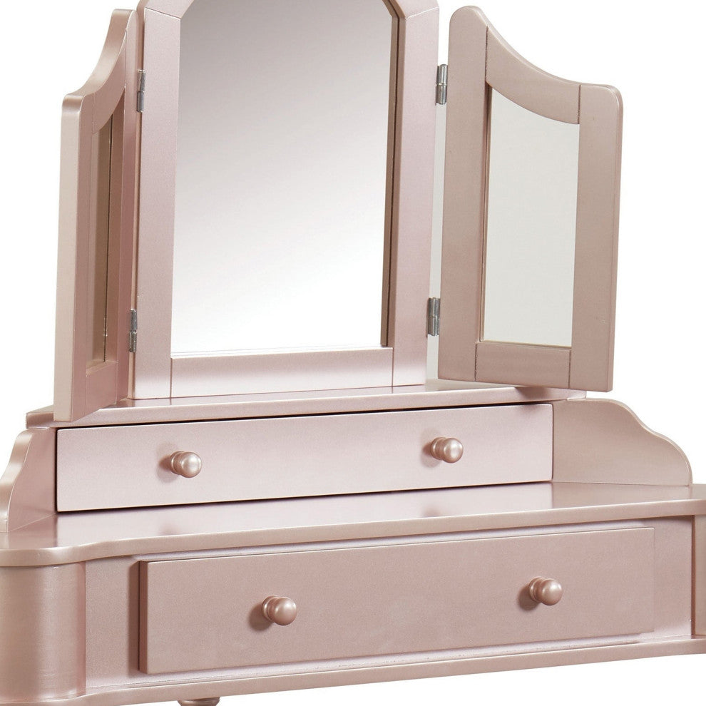 Benzara BM207322 Wooden Vanity Set with Padded Stool, Rose Gold