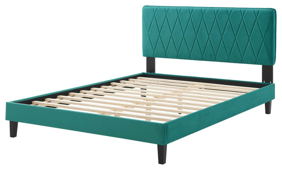 Platform Bed Frame, King Size, Velvet, Teal Blue, Modern Contemporary, Bedroom