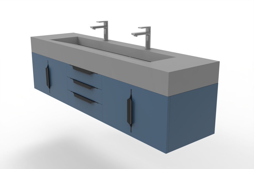 CastelloUSA Nile 72" Wall Mounted Bathroom Vanity Set, Blue, Gray Top, Black Handles