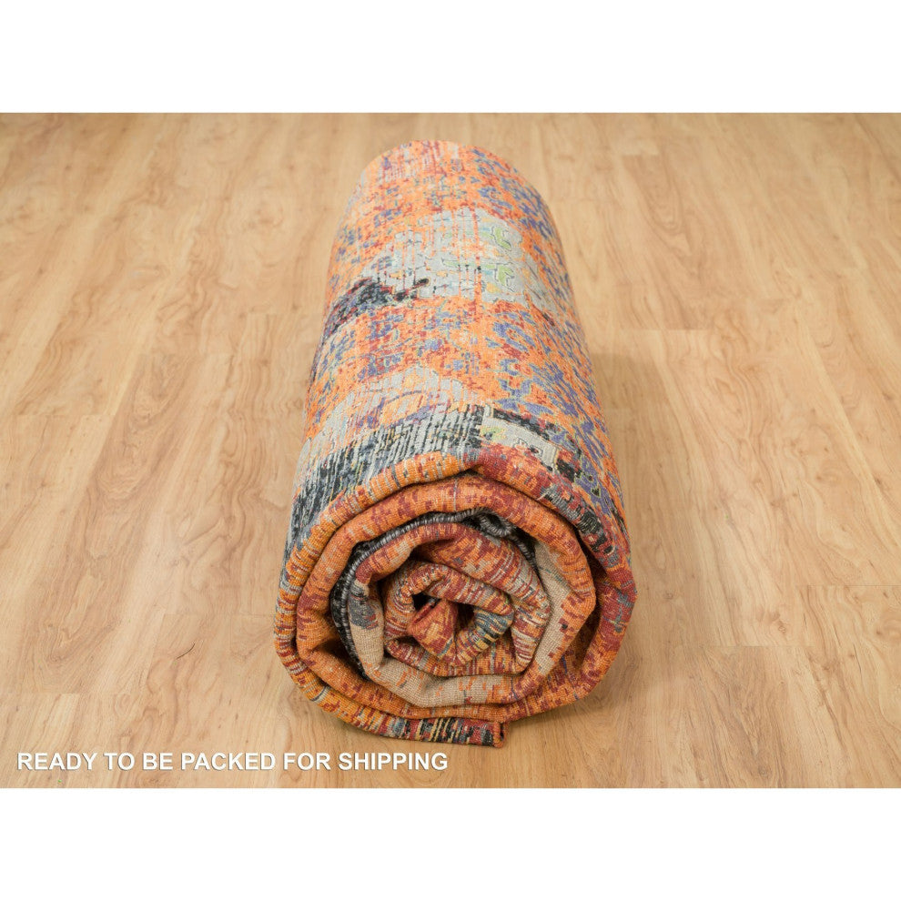 Orange Hand Knotted Ancient Ottoman Erased Design Wool Round Rug 14'x14'