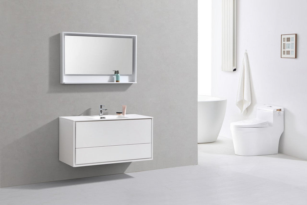 DeLusso 48" Single Sink Wall Mount Bathroom Vanity, Nature Wood, High Gloss Whit