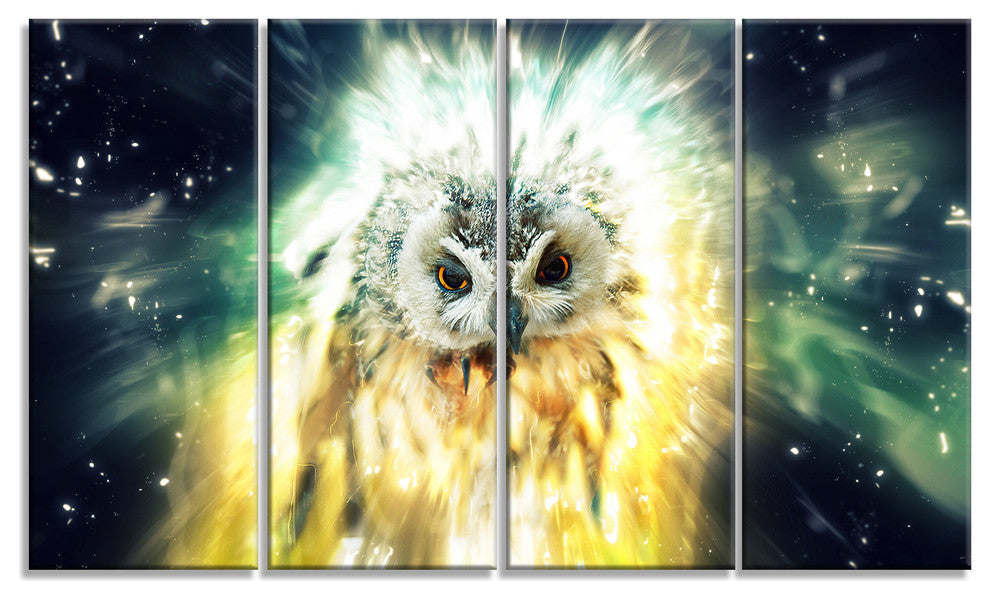 Owl over Colorful Abstract Image, Animal Canvas Wall Art, 48"x28", 4 Panels