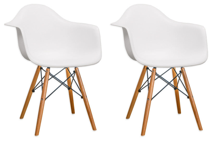 Mod Made Paris Tower Modern Arm Chair with Wood Legs, Set of 2, White