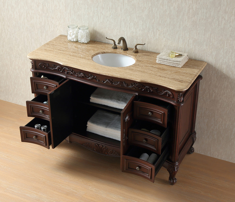 56" Princeton Single Sink Bathroom Vanity, Travertine Marble Top