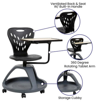Mobile Desk Chair with 360 Degree Tablet Rotation and Under Seat Storage Cubby