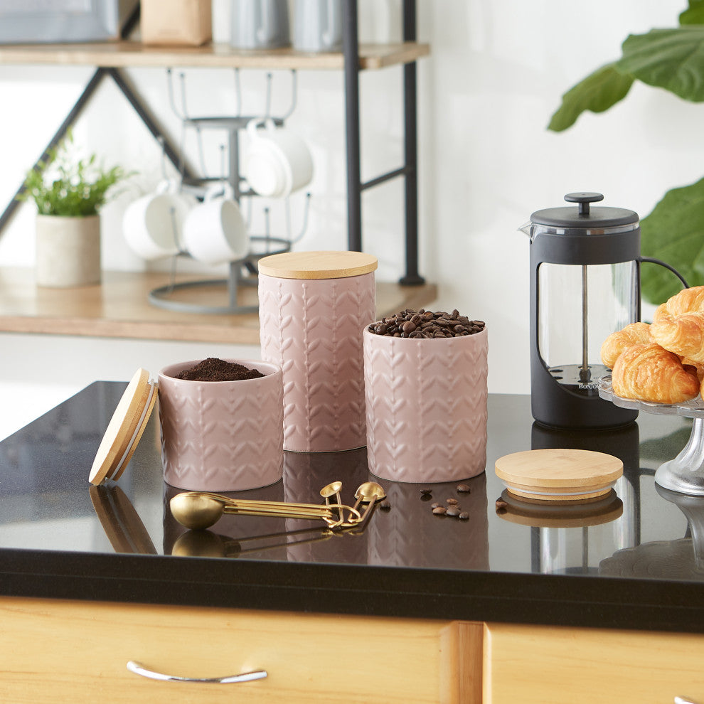 Pale Mauve Matte Retro Vine Texture Ceramic Canister (Set of 3)