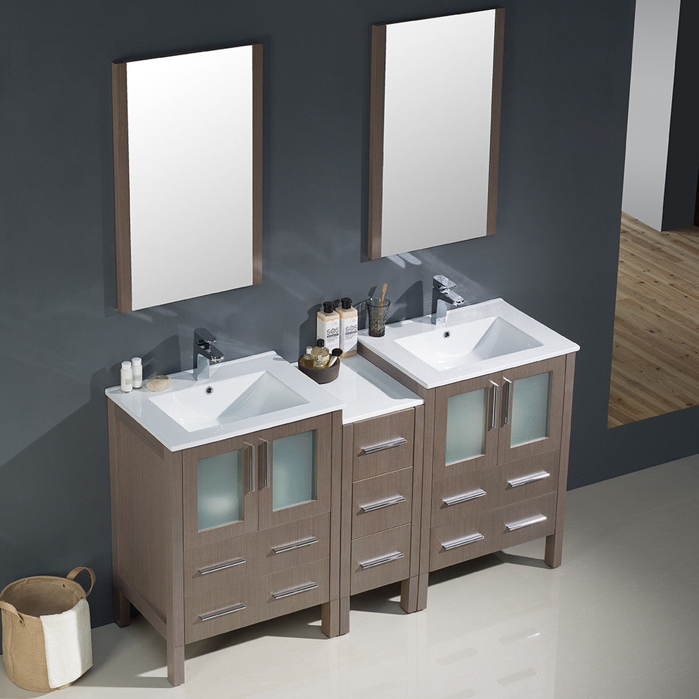 Torino 60" Gray Oak Modern Double Sink Bathroom Vanity, Faucet FFT1030CH