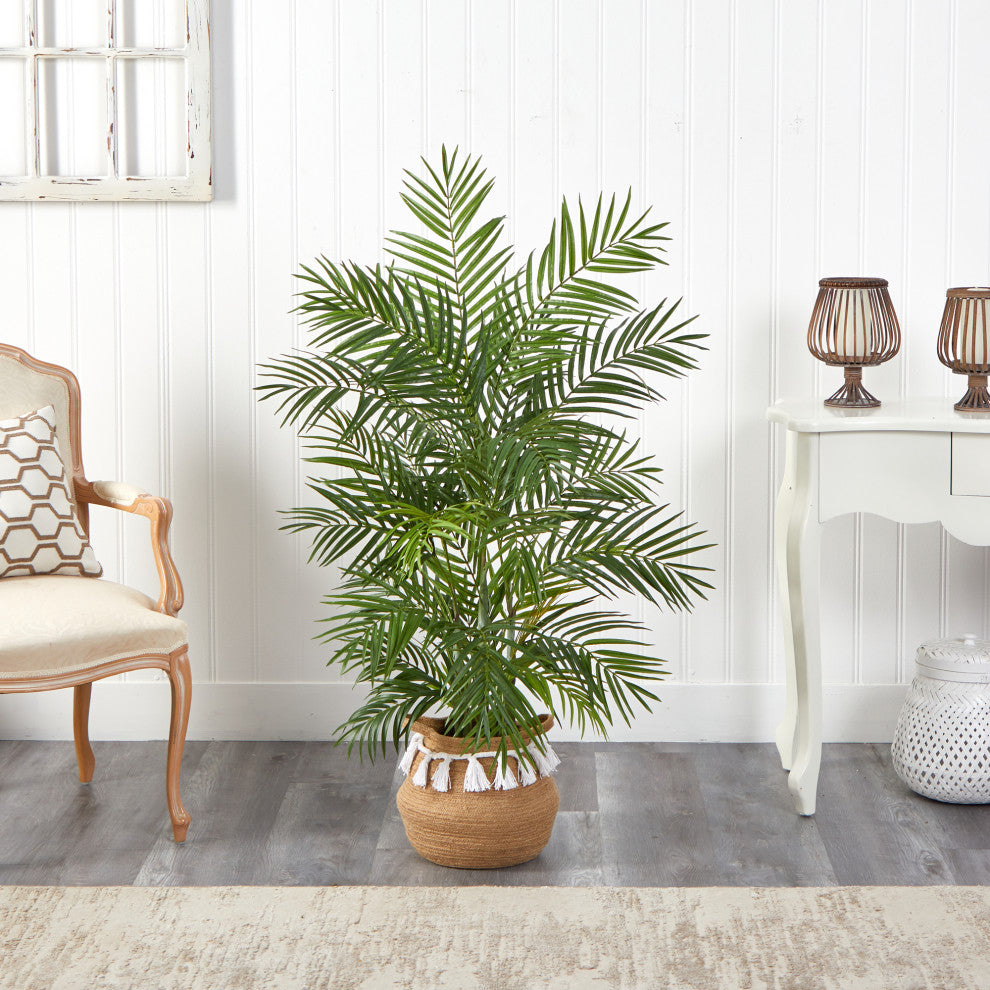 T2930 4' Areca Artificial Palm in Boho Chic Handmade Planter With Tassels