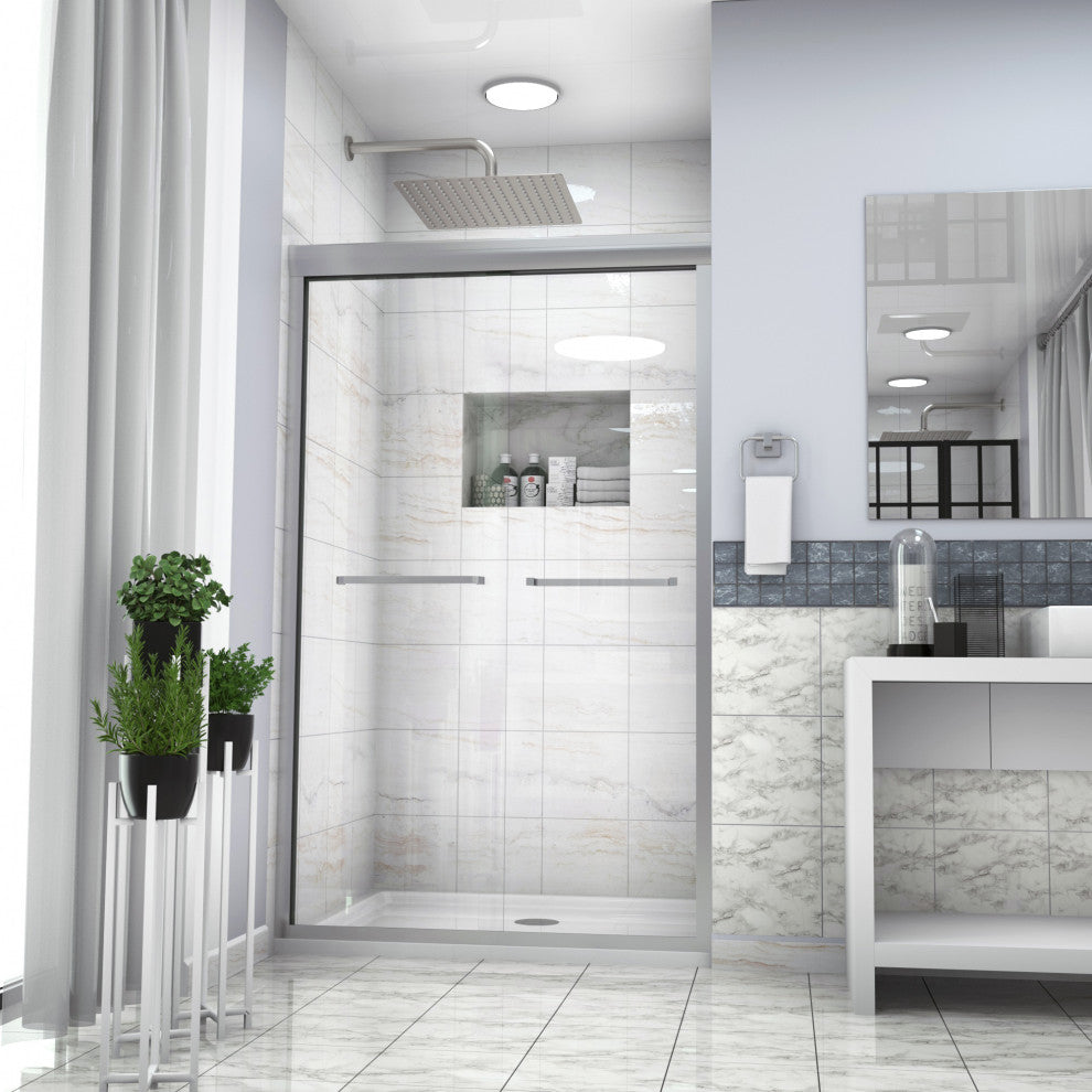 48" W x 76" H Semi-Frameless Double Sliding Shower Door, Brushed Nickel