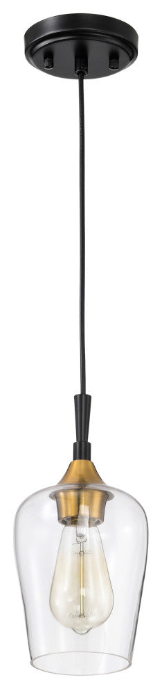 1-Light Black and Antique Brass Modern Mini Pendant With Clear Glass Shade