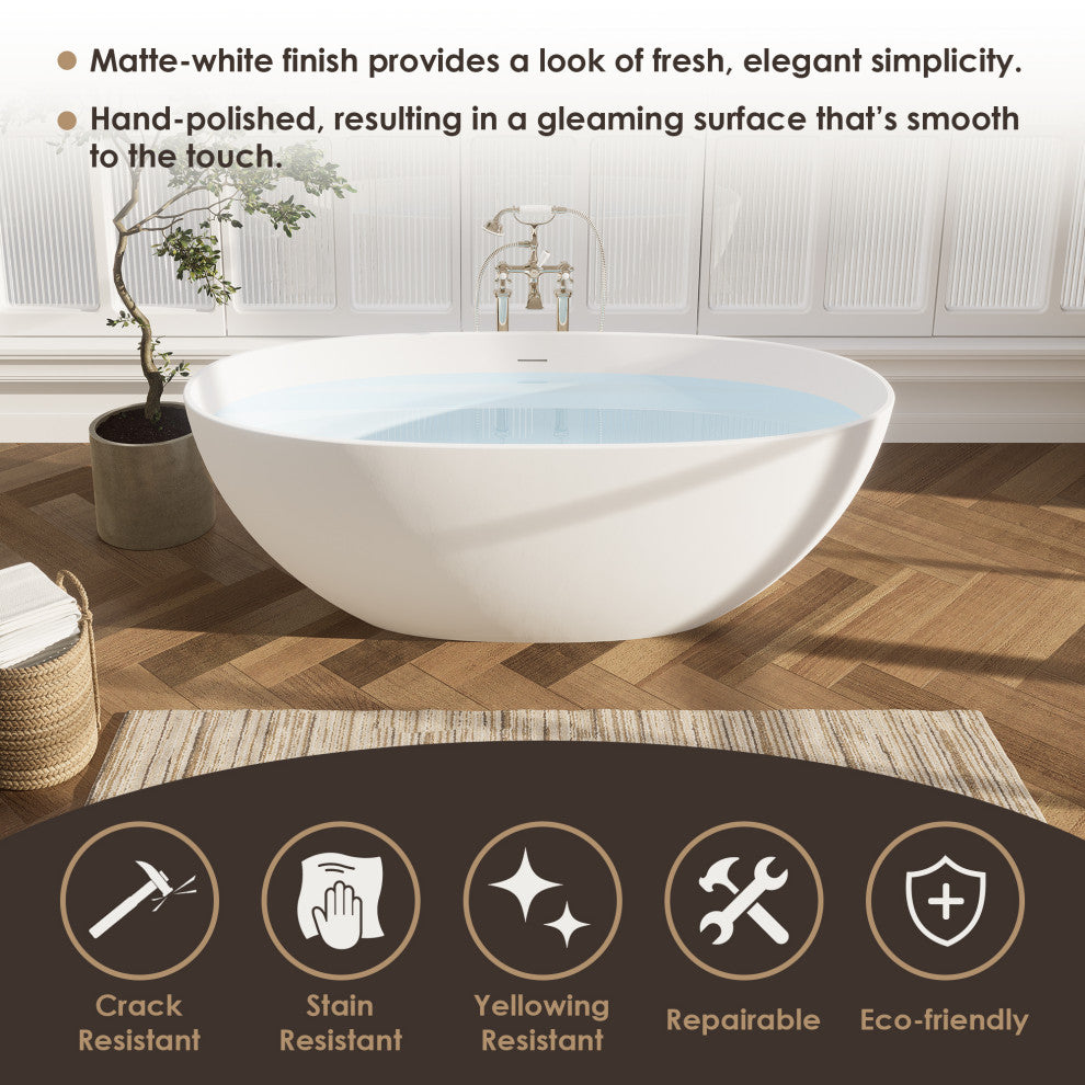 Euston Flatbottom Freestanding Solid Surface Soaking Bathtub, Matte White, 65inch
