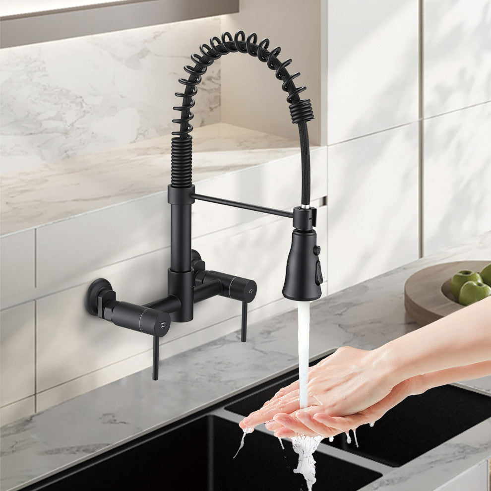 Double Handle Wall Mounted Spring Neck Bridge Kitchen Faucet, Matte Black
