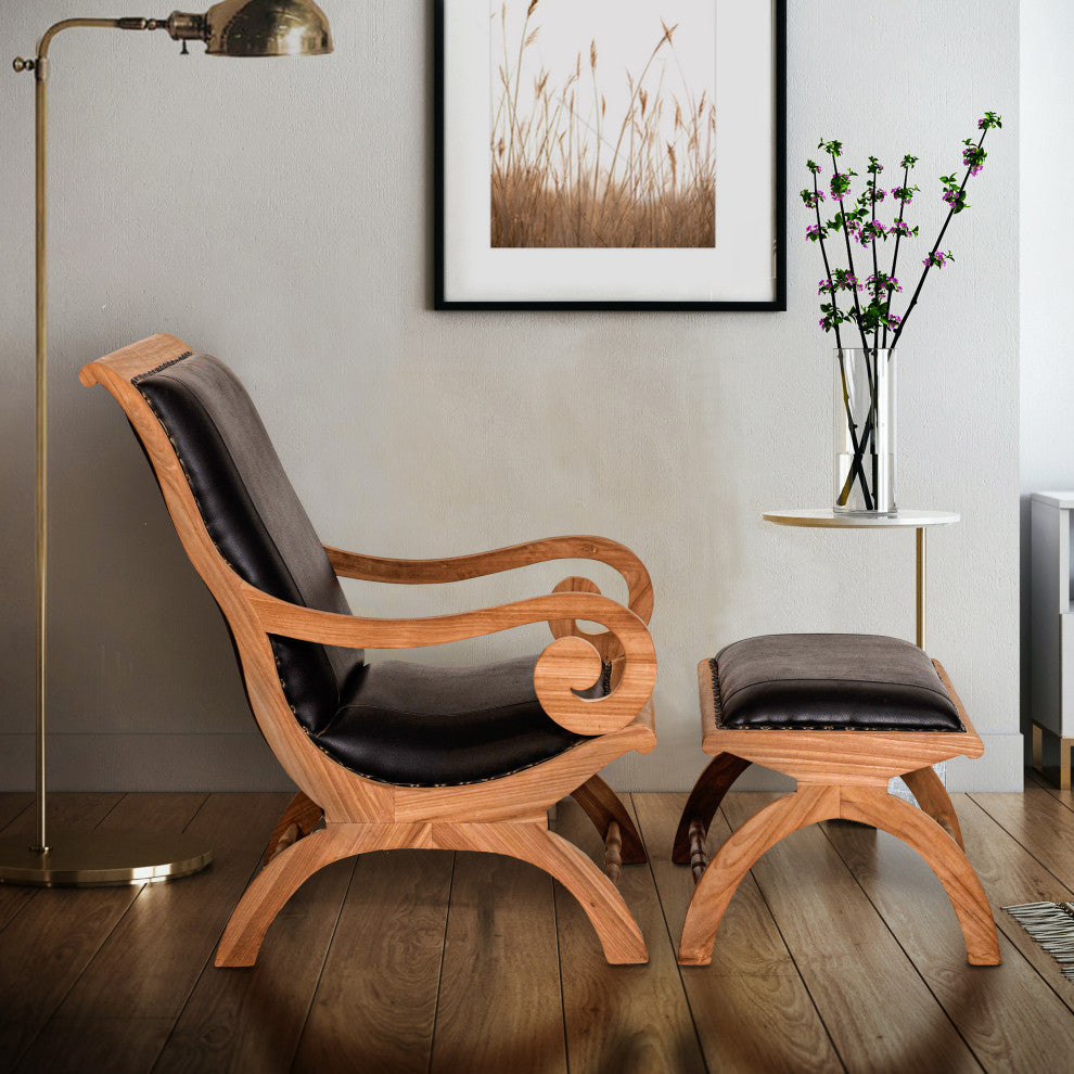 Teak Wood And Leather Bahama Lazy Chair With Ottoman