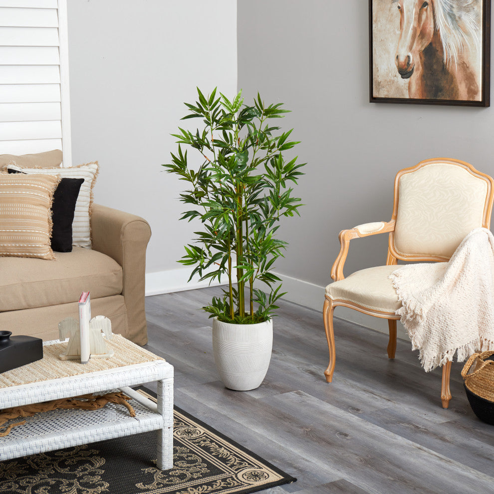 52" Bamboo Palm Artificial Tree, White Planter