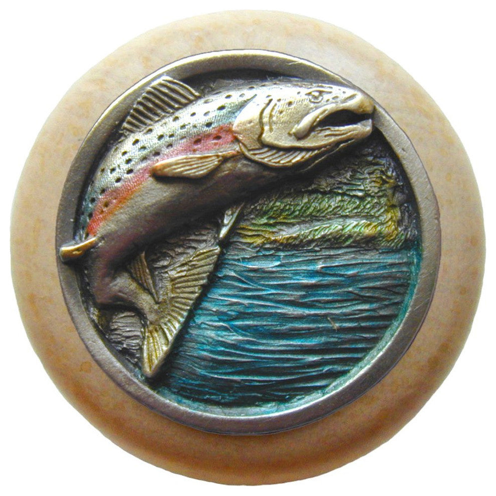 Leaping-Trout Natural Wood Knob, Clear Finish With Hand-Tinted Pewter