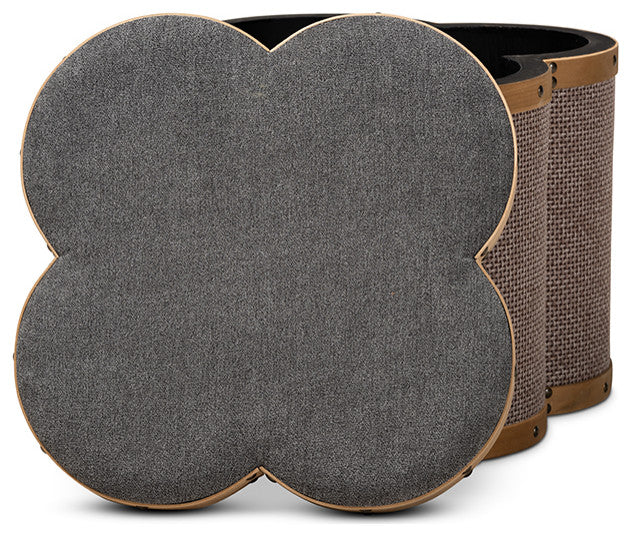Grey and Brown Fabric Upholstered 2-Piece Clover Shaped Storage Ottoman Set