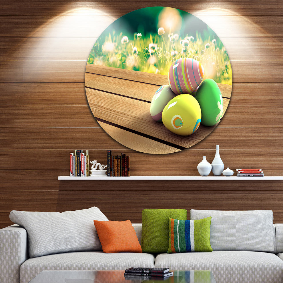 Yellow Green Easter Eggs, Landscape Photo Disc Metal Artwork, 23"