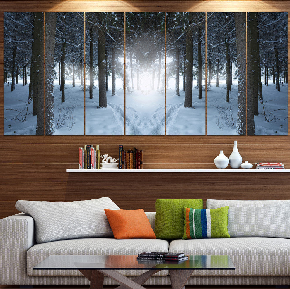 Winter Forest with Dark Woods, Landscape Canvas Art Print, 83"x32", 7 Panels