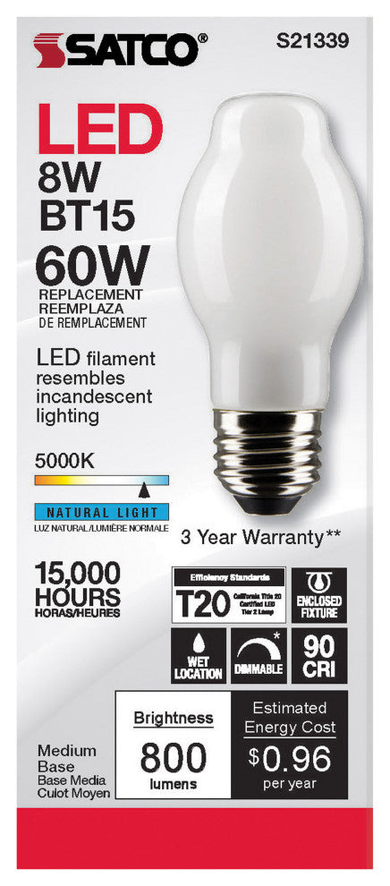 8W BT15 LED, White, Medium Base, 90 CRI, 5000K, 120V