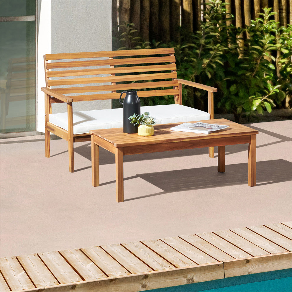Orwell Outdoor Acacia Wood Bench With Cushion, Cocktail Table